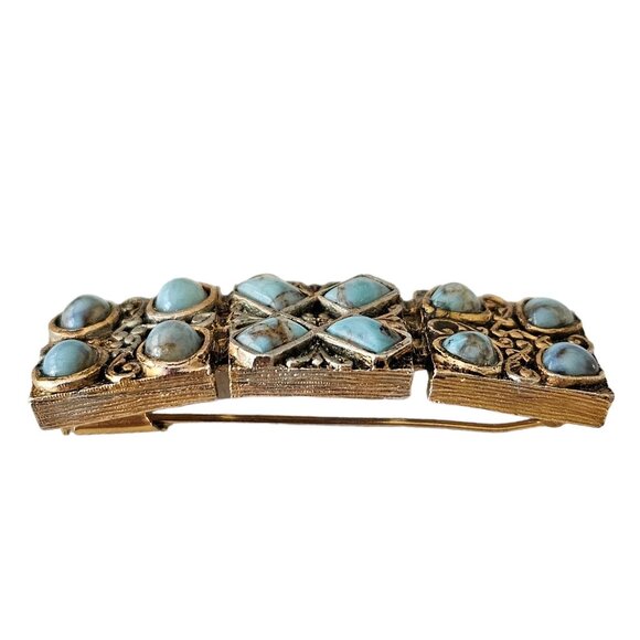 P&M Paris Gold Tone Blue Venetian Style Glass Cabochon Panel Bar Brooch, L254 - Picture 2 of 9